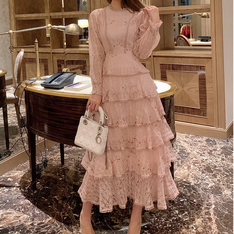 Hot Pink Lace Embroidery Maxi Dress Women Spring Summer Full Short Sleeve High Waist Ruffle Elegant Long Party Dresses For Women