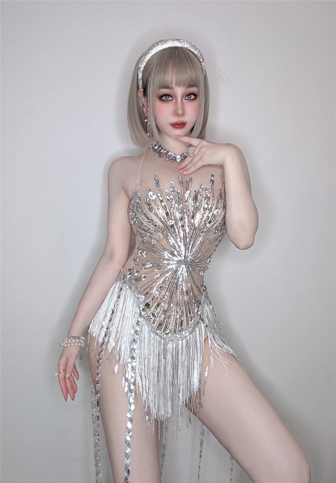 

Блестящий бриллиантовый женский купальник с бахромой, сексуальный сетчатый прозрачный костюм для выступлений, одежда для сцены, клубный наряд B089