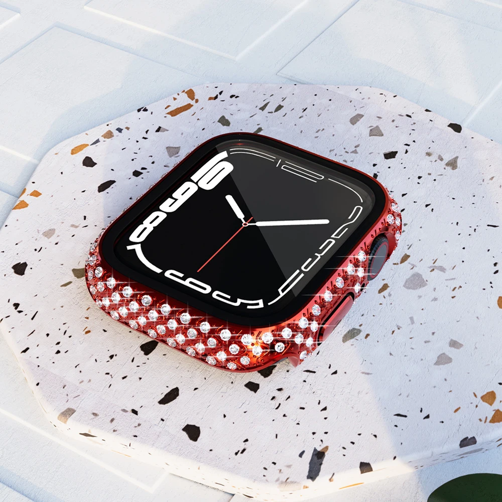 Diamond Watch Case Built-in Tempered Glass for Apple Watch 8 7 41mm 45mm PC Screen Protector Bumper Tempered iwatch Accessories