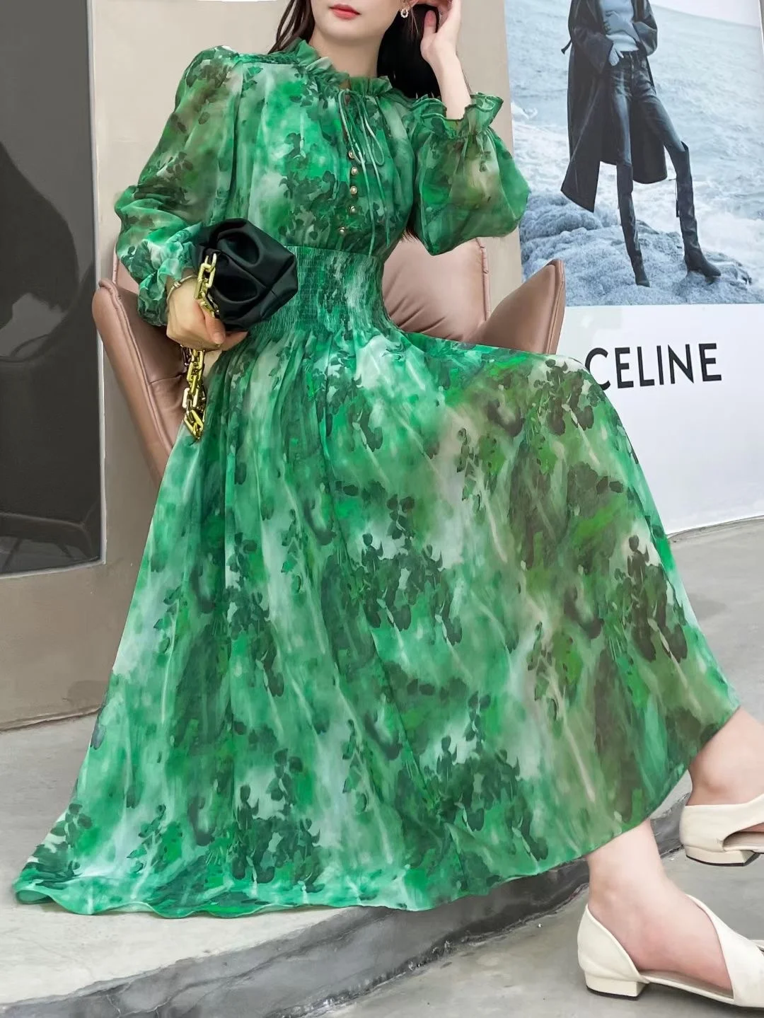 

Женское шифоновое платье-макси с V-образным вырезом и длинным рукавом