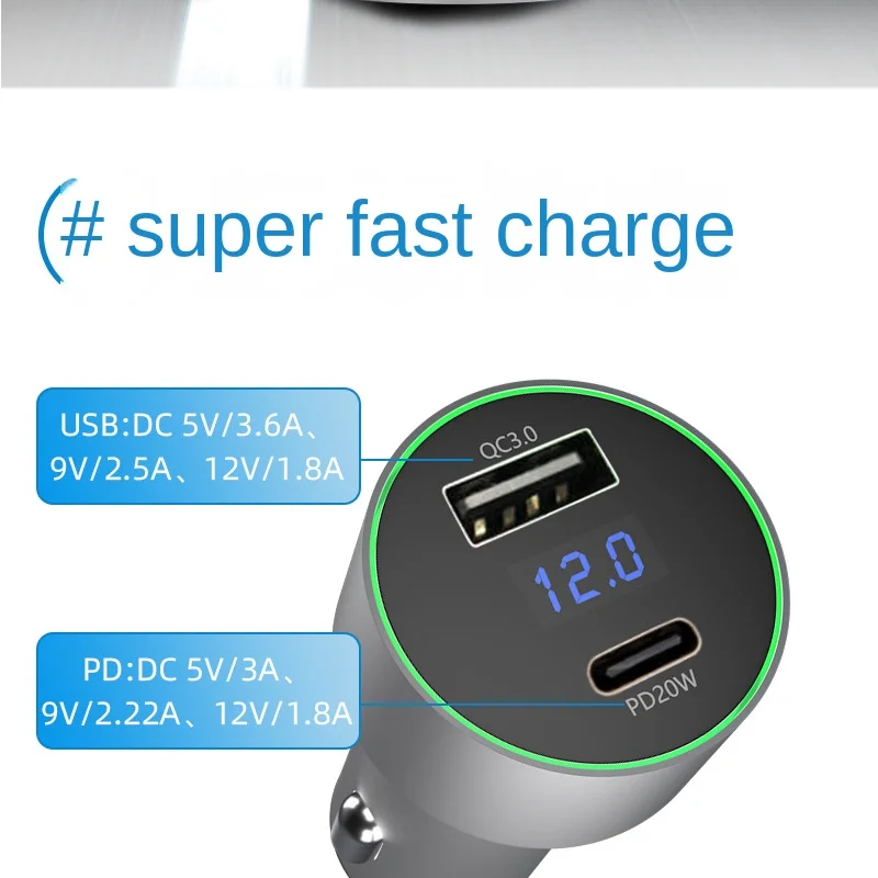 

USB Car Charger Quick Charge Pd20w Qc3.0 Charging Dual Port Fast Charge Flash Charge Digital Display Car Charger