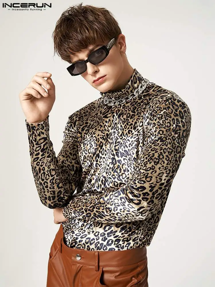 

INCERUN 2022 Men T Shirt Turtleneck Leopard Print Long Sleeve Undershirts Streetwear Autumn Fashion Casual Men Clothing S-5XL