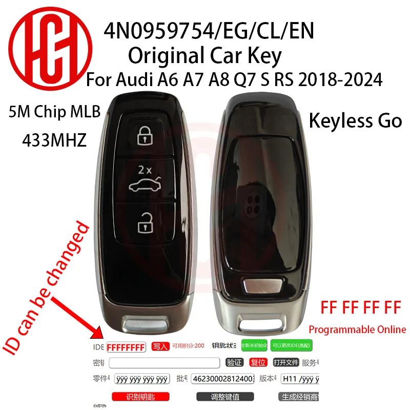 

Оригинальный дистанционный ключ от автомобиля 4N0959754AM/754EG/754CL 5MChip 434 МГц для Audi MLB A6 A6L A7 A7L A8 A8L S RS 2018-2024, удаленный ключ от автомобиля