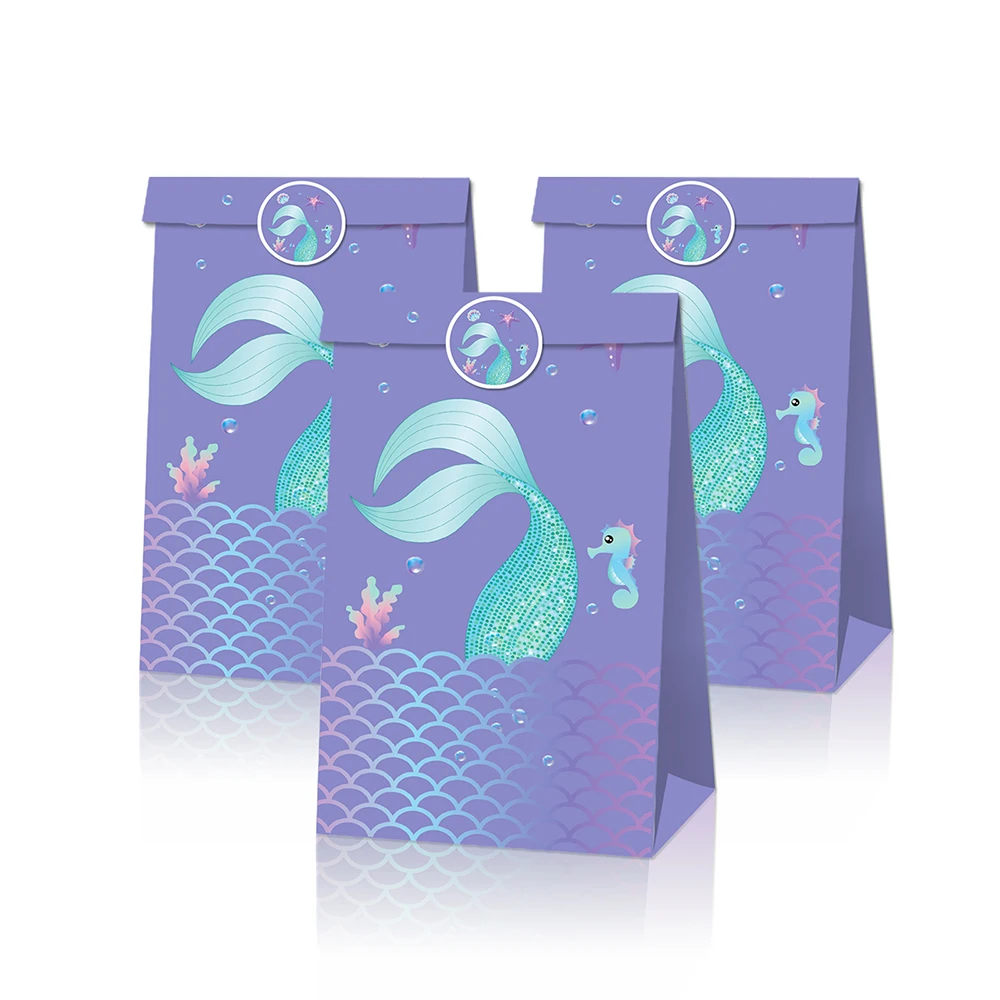 

LB101 12Pcs Kids Cartoon Sea Mermaid Happy Birthday Party Candy Biscuit Pack Kraft Paper Gift Bags Baby Shower Party Decors