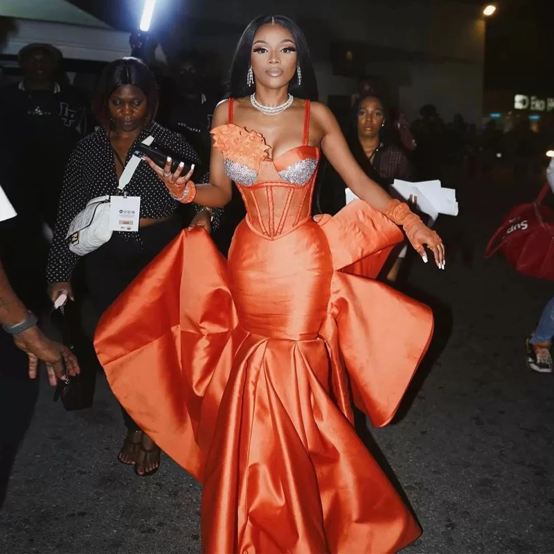 

Оранжевые Вечерние платья на бретелях-спагетти, атласное платье с бисером и оборками для выпускного вечера, женское арабское платье Aso Ebi, пл...