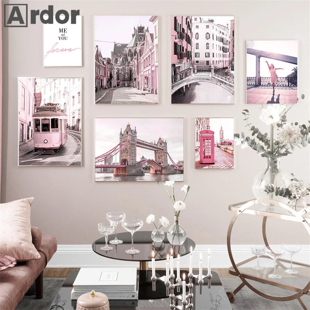 

Pink City Bus Flower Building Tower Peace Quote Wall Art Canvas Painting Nordic Posters And Prints Picture For Living Room Decor