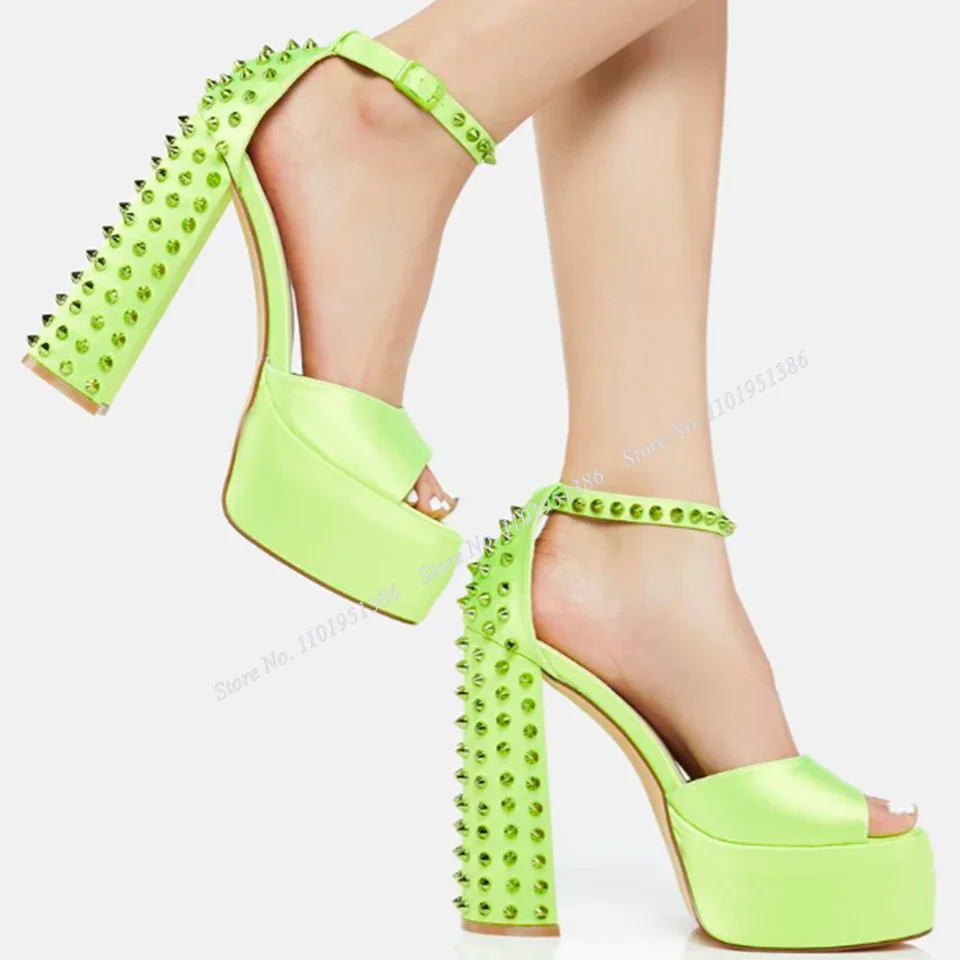 

Женские туфли с заклепками Moraima, зеленые туфли на высоком массивном каблуке, украшенные заклепками,