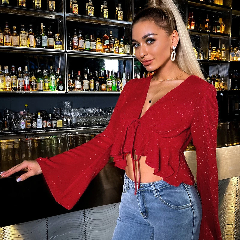 

Women Sexy Tops 2021 New Women Elegant Spring Autumn Multicolor Knitted Sweaters Solid Color V-neck Ruffled Lace Knitted Clothes