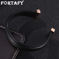 fortafy lovers genuine leather open cuff bracelet jewelry rose gold color stainless steel women bangles men wristband sp0990h