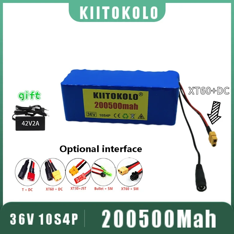 

XT60 Interface 36V Battery 10S4P 200Ah Battery Pack 1000W High Power Battery 36V 200500mAh Electric Bicycle BMS + 42V 2A Charger