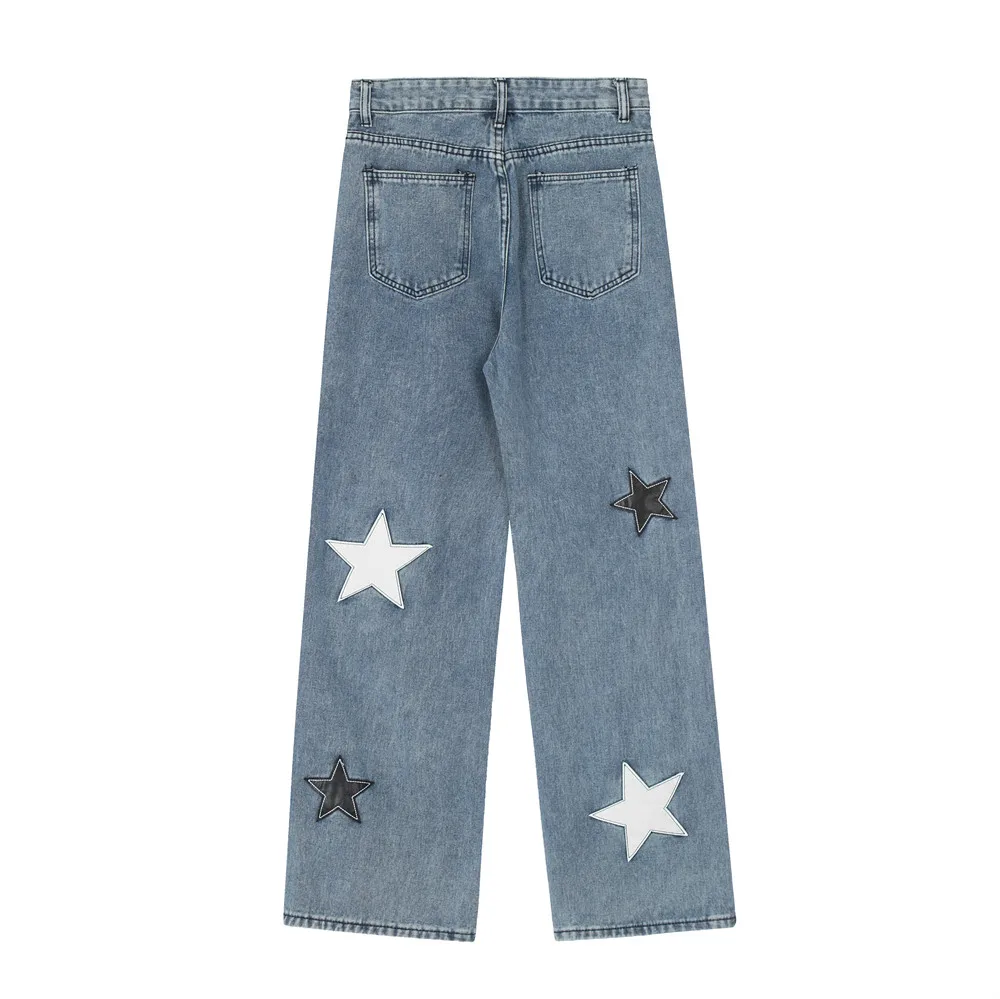 Blue Fashion Star Embroidered Jeans Mens Trendy Washed Loose Straight Denim Pants American Style High Street Wide Leg Trousers
