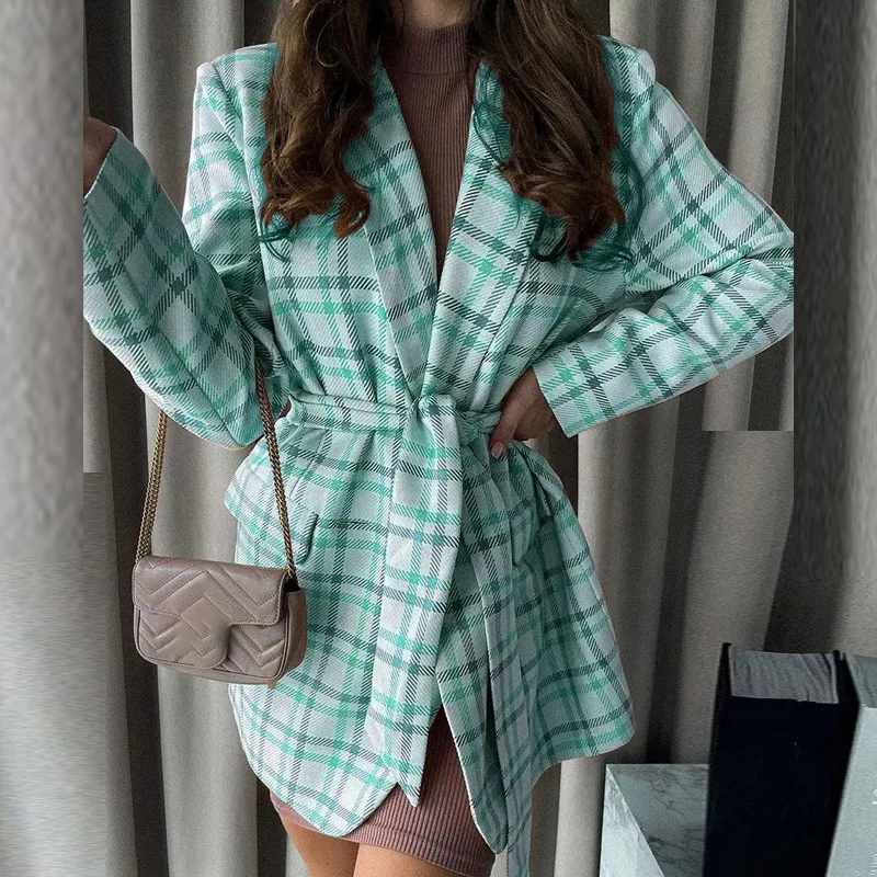 

Fall Elegant Turn-down Collar Lace-up Blazer Coat Women Casual Long Sleeve Loose Outerwear Winter Fashion Plaid Print Jacket Top