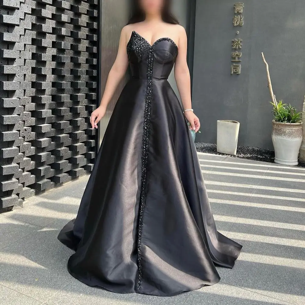 

ROSELLA Sweetheart A-line Sweep Train Black Sexy Bedings Sleeveless Zipper Up Women Formal Evening Dress Prom Gown New 2023