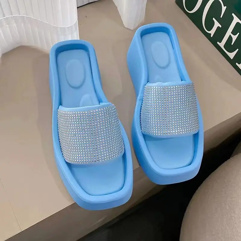 

Женские шлепанцы на толстой подошве, летние декоративные шлепанцы с открытым носком и квадратным носком, из страз, новинка 2023