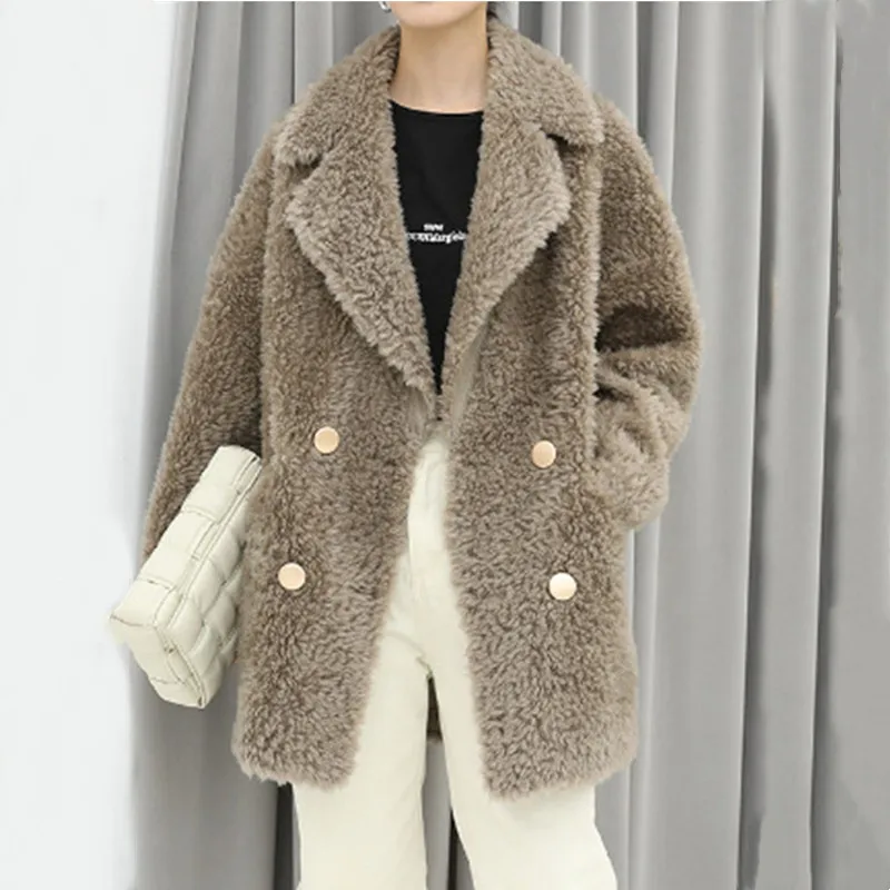 Женская куртка с меховым воротником, двубортная теплая куртка из натуральной шерсти, с отложным воротником, зима 2023