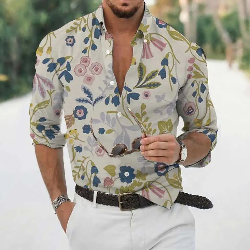 2022 Spring and Autumn New Men's Long-sleeved Shirt Casual Fashion Street Retro Floral Single-breasted Lapel Shirt
