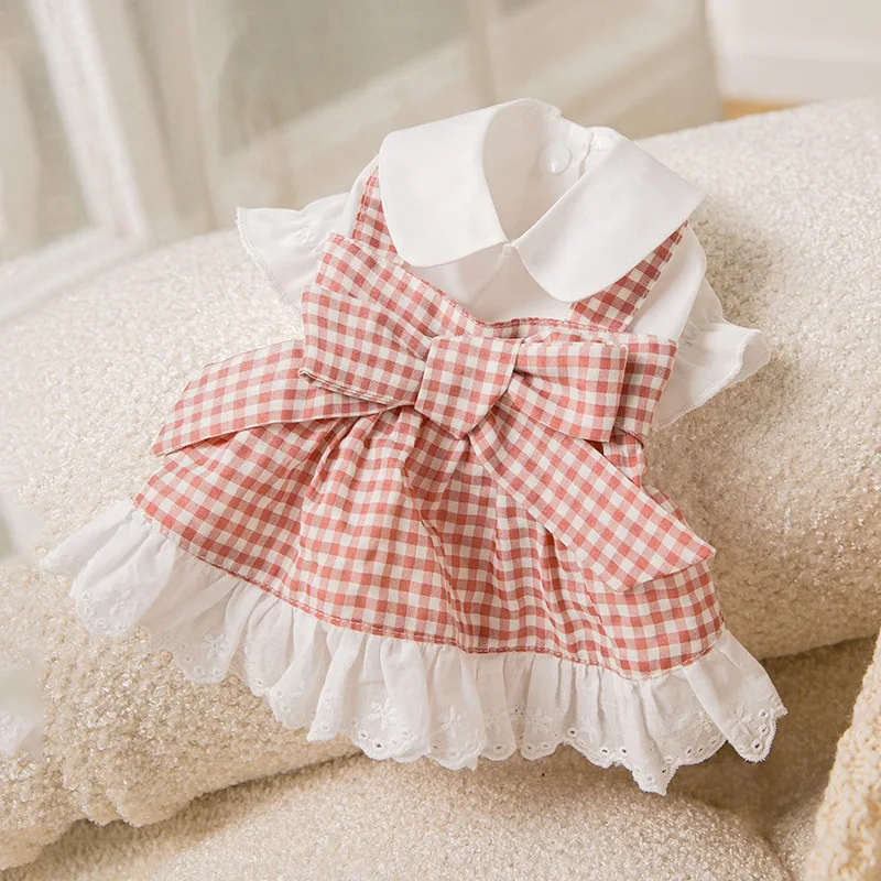 Spring And Summer Pink Plaid Dog Bow Lace Dress Small Dog Cat Two-legged Pet Skirt Dress Clothes For Small Dogs Dog Dress