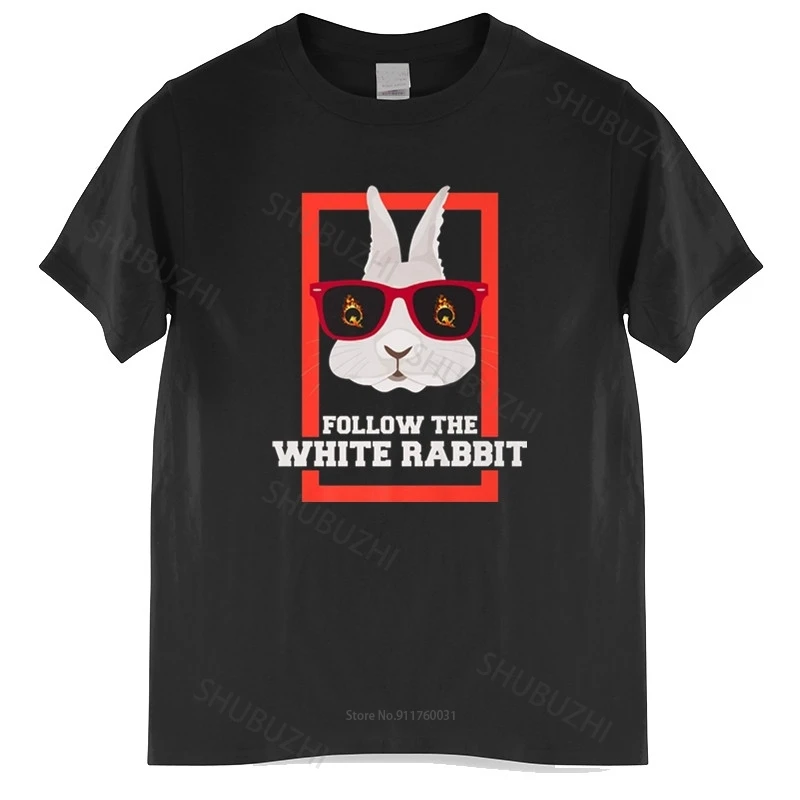 

Mens summer cotton tshirt loose tops Qanon Follow the White Rabbit Funny Black T-shirt Cartoon t shirt women unisex tee-shirt