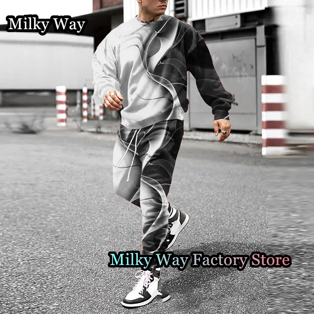 New Spring Autumn Men's Tracksuit Fashion Casual Long Sleeve T-shirts Trousers Suit Solid Color Streetwear Outfit Clothing Set