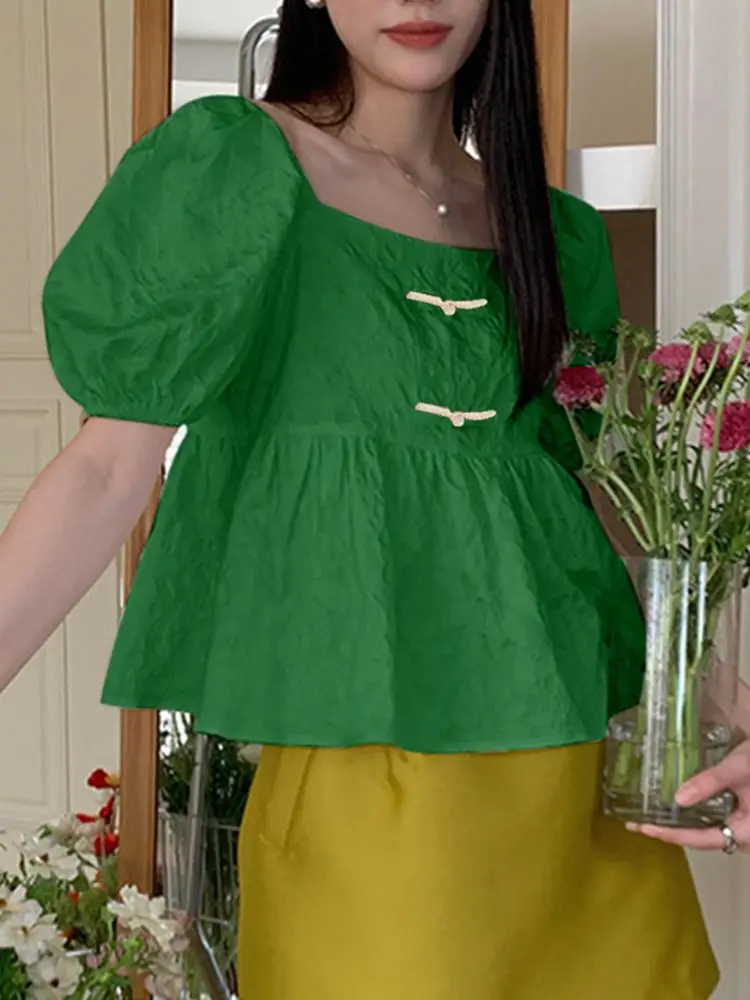 

Модная женская летняя повседневная однотонная уличная рубашка VONDA на пуговицах, блузка с квадратным вырезом и короткими рукавами-фонарикам...