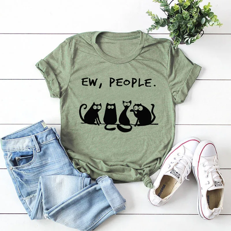 Female T Shirt 100%Cotton Ew People Cat Print T-Shirt Women O Neck Short Sleeve Tees Summer Women TShirt Pink Tops Kawaii