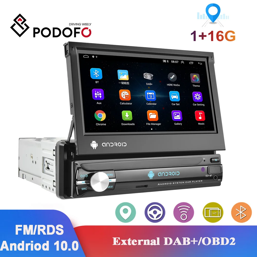 Podofo 1 Din Android 10.0 Car Multimedia Player GPS Wifi FM/RDS Bluetooth Car Radio 7'' Touch Screen Audio Stereo For Universal