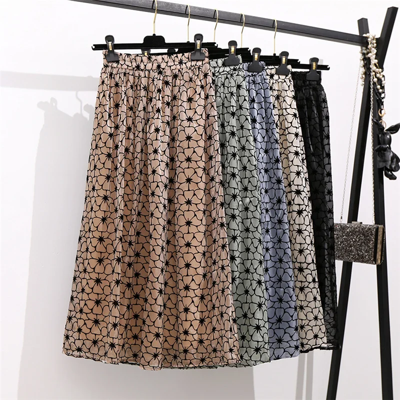 Pleated Skirt for Women Floral Printed Casual Vintage Fashion Midi Skirts Lining Korean Chic Kawaii Faldas Female Saia