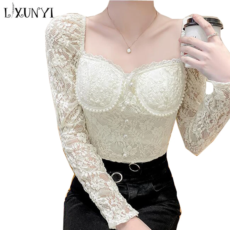 

LXUNYI Vintage Ladies Beaded Lace Blouse Female 2022 Spring New Slim Temperament Crochet Hollow Out Sexy Tops Bottomed Shirt