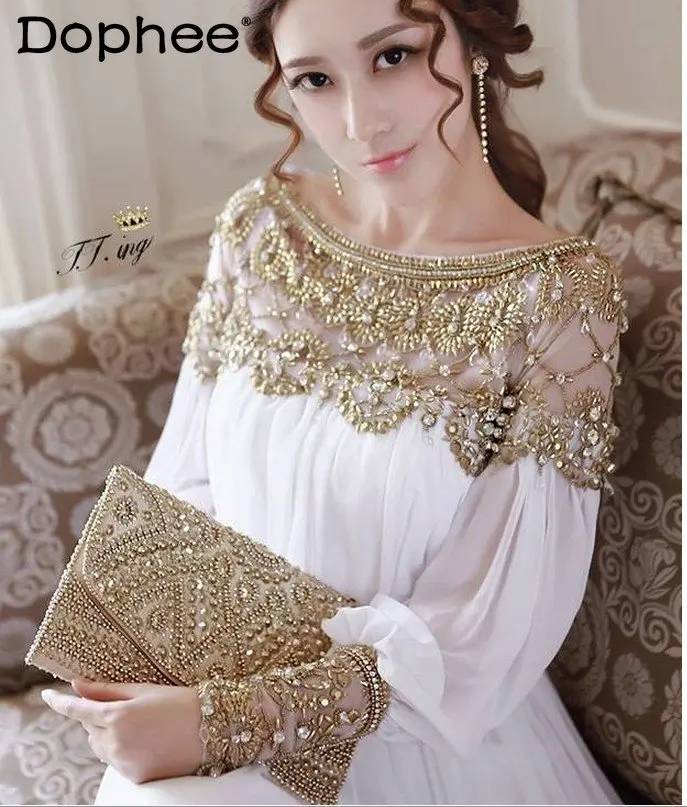 

High-End Palace Style Heavy Beads Chiffon Maxi Dress Women Party Banquet Dress Temperament Round Neck Long Sleeve White Vestidos
