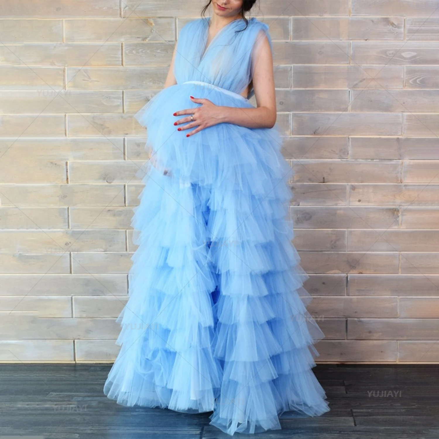 

Maternity Gowns Ruffles Tulle Maternity Robe for Photo Shoot Tiered Skirts Front Split Maxi Women Dressing Gown Bridal Sleepwear