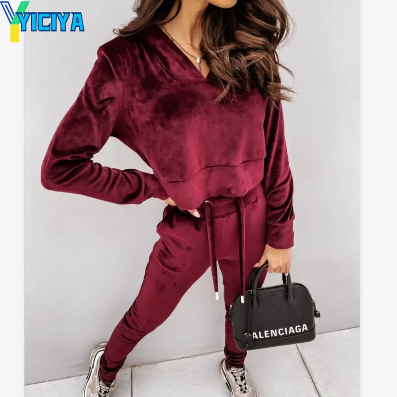 

YICIYA Velvet Hooded Long Sleeve Sweatshirt Elastic Waist Two Piece Pants Tracksuit Women Hoodie And Trousers Suits Female Met