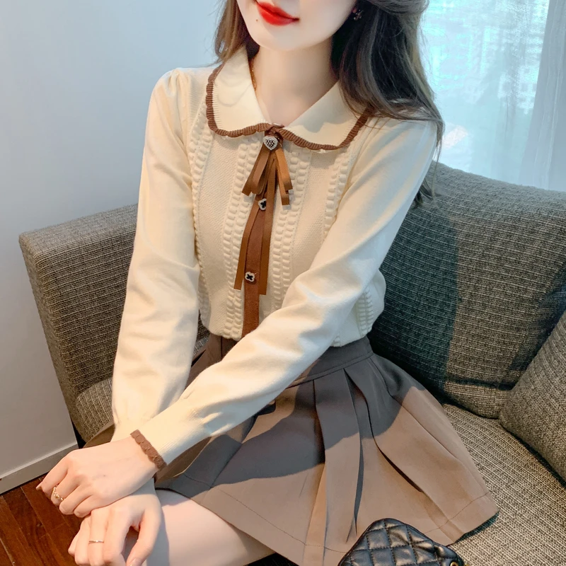 

Корейский элегантный вязаный женский свитер, кружевной свитер с воротником «Питер Пэн» на пуговицах, зимняя одежда, повседневные пуловеры, милые топы