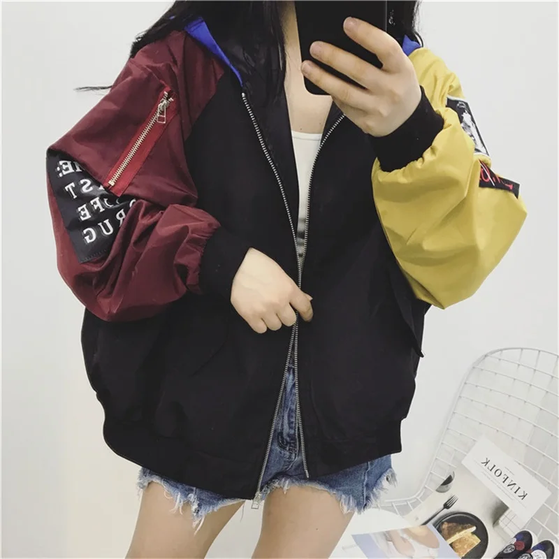 

Coat Female 2022 Spring Autumn Women Contrast Short Jacket Long Sleeve Zipper Letter Jacket Korean Loose Patch Female Coat Tops