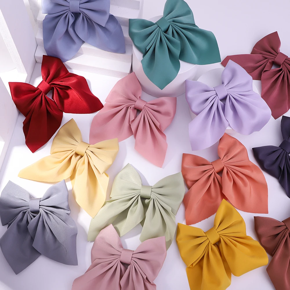 

2022 Sweet Bow Hairpins Solid Color Bowknot Hair Clips For Girls Satin Butterfly Barrettes Duckbill Clip Kids Hair Accessories