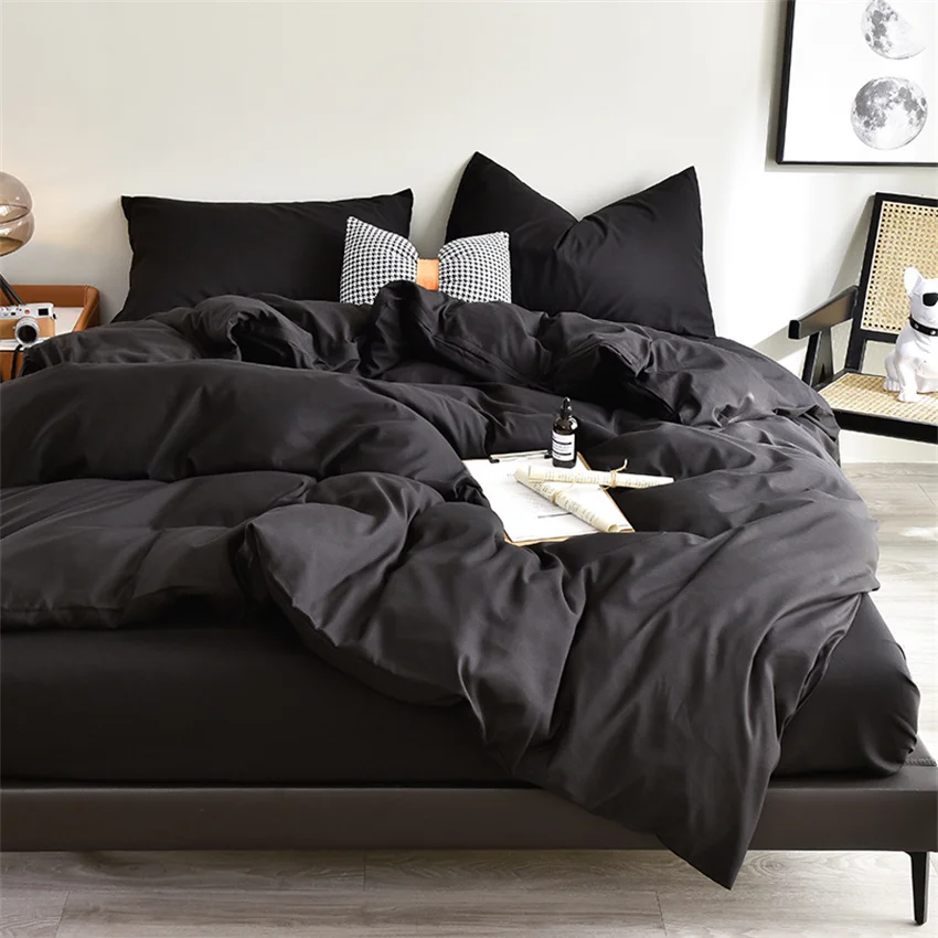 

4pcs Duvet Cover Bed Sheet Pillowcase Queen King Size Black Bedclothes Microfiber Comforter Quilt Cover Flat Bedsheet Bed Linens