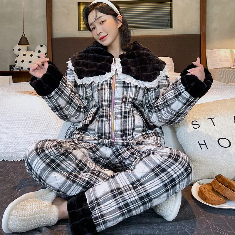 3 Layers Quilted Pajamas Suit Loose Plaid 2022 Winter New 2PCS Women Sleepwear Nightwear Thick Sleep Set Casual Warm Home Wear