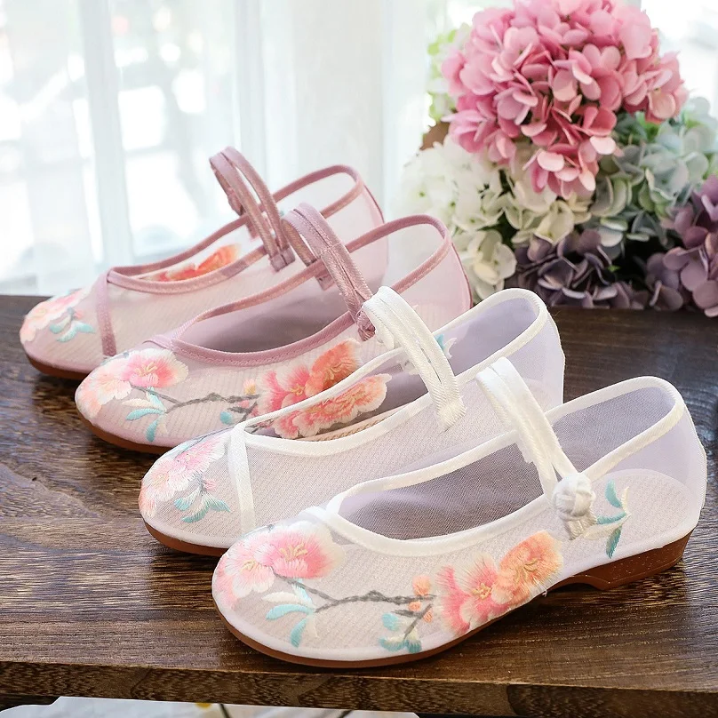 

Summer Ethnic Mesh Shoes Flowered Breathable Sandals Slotted Round Mouth Women Cloth Shoe With OX Tendon Bottom Gauze Shoes