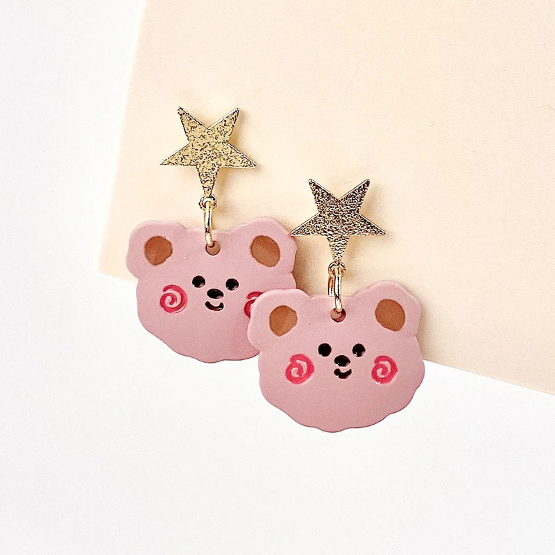 

Cute Pink Bear Star Earrings for Women Chic Sweet Winter Korean Fashion Dating Jewelry 2022 Trend Friends Gift M4