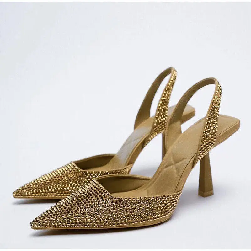 

Women Rhinestone Pointed Toe Stiletto Sandals Slingbacks High Heels Party Shoes