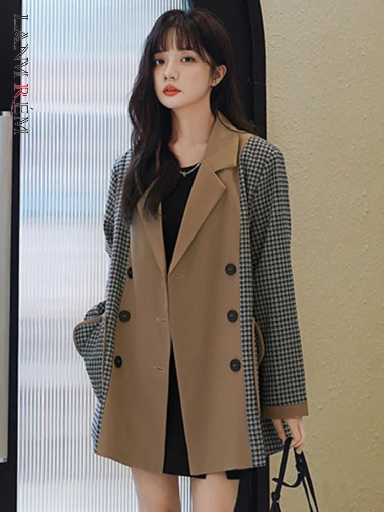 

LANMREM Korean Patchwork Women Blazer Coat High Street Double Breasted Long Sleeve Coats Fashion Clothes 2023 Spring New 2YA132