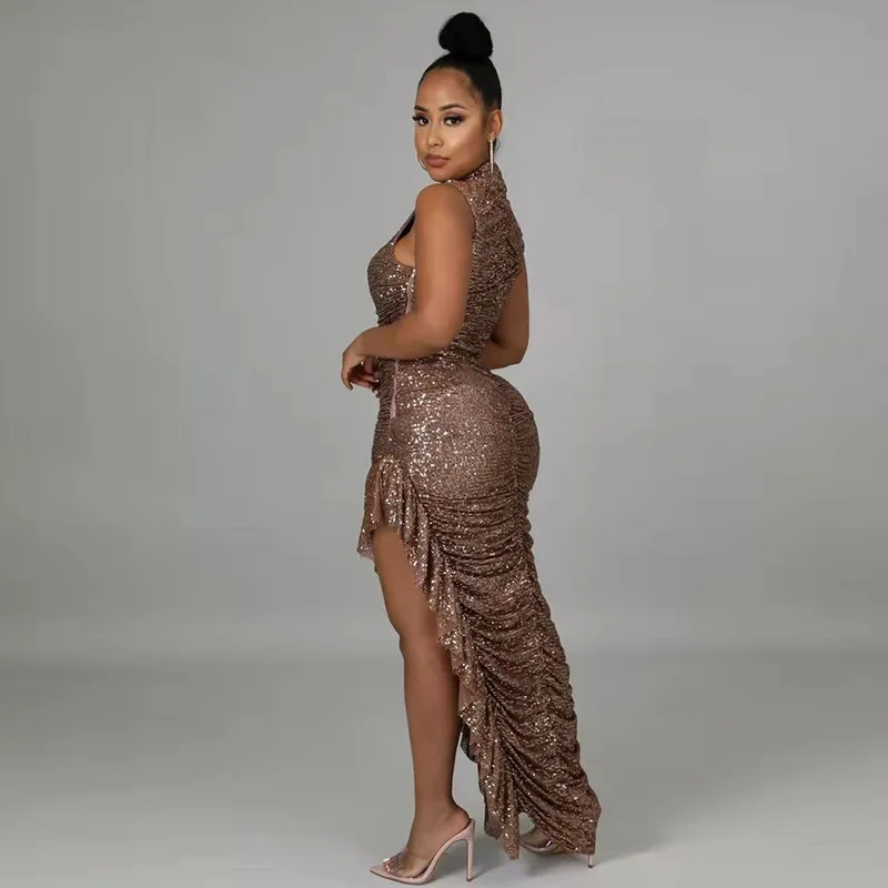 

S-5XL Sequins Party Dresses Elegant Irregular Pleated Ruffle Sleeveless Sheath Bling Shine Luxury Sexy Fish Tail Long Dress