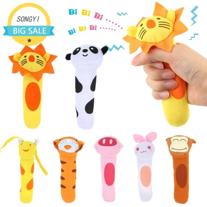 

Baby Rattles Cartoon Animal Shape Hand Bell Ring Rattles Plush Squeeze Soft BB Stick Stress Relief Toys for Baby Soothing Toys