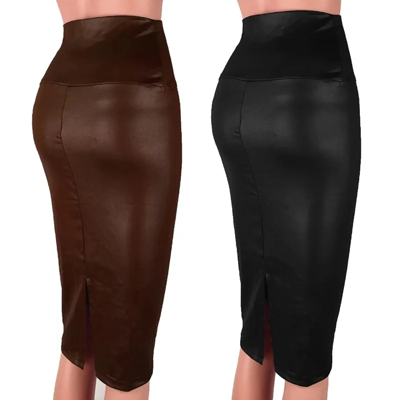 Fashion Sexy Women High Waist Split Faux Leather Knee Length Pencil Skirt For Female Mid Skirt Slit Hip женская летняя юбка