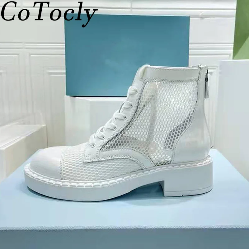

Black White Martin Boots Women Lace Up Ankle Boots Mesh Patchwork Short Boots Woman Flats Motorcycle Boots Summer Shoes Women