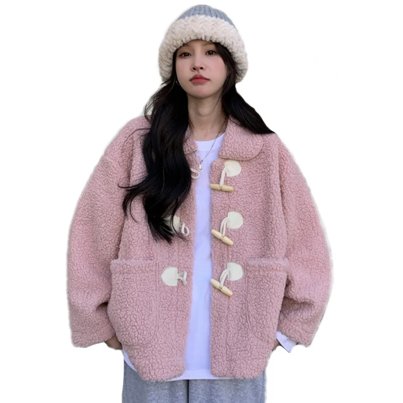 

Autumn Winter Turn Down Collar Fleece Coats Women Elegant Thick Warm Furry Jacket Korean Style Office Lady Horn Button Outwear