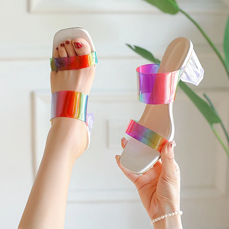 

Разноцветные босоножки Обувь на квадратном каблуке женские тапочки на каблуке большой размер роскошные сланцы низкий квадратный каблук ис...