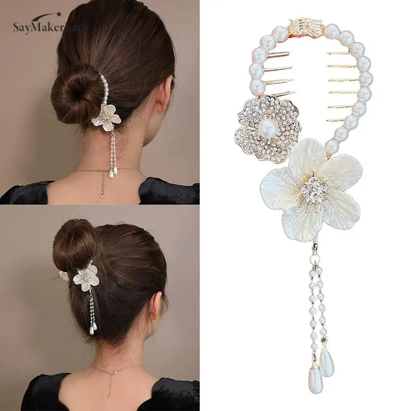 

Camellia Pearl Tassel Hair Clip Rhinestone Hair Claw Women Bun Barrettes Ponytail Holder Hairpins Fashion Hair Accessories