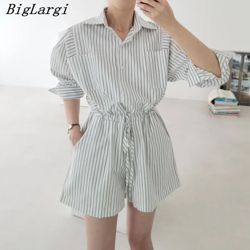 

Women Stripes Playsuits Summer Casual Chic Sports New Fashion High Street Office Lady Hot Loose OL Rompers