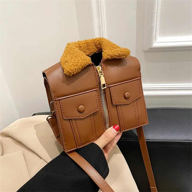

New Creative Funny Women Crossbody Bag Plush Collar Suit Clothes Shape Flap Bag Girls Personality PU Leather Handbag