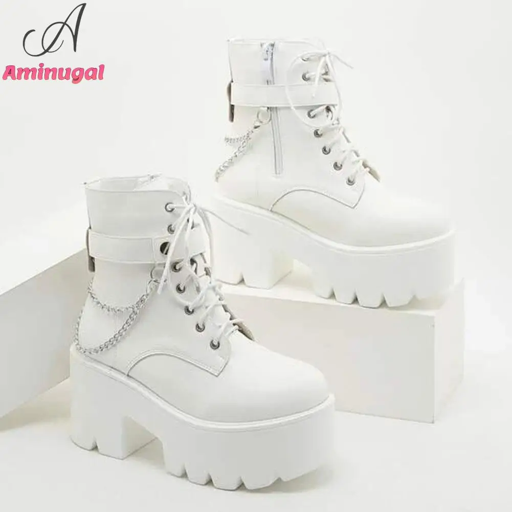 Brand New 2023 Platform Fashion White Black Block Heel Shoes Combat Booties Women's Lace Up Studded Motorcycle Boots Ankle Boots